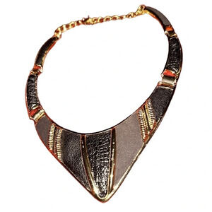 BCBG MaxAzria Vintage Glam Retro Curved Enamel Black  Gold Statement Necklace
